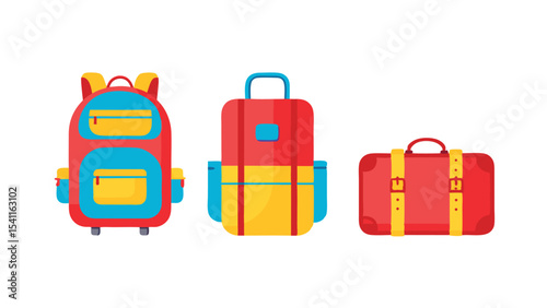 Illustration of three different types of luggage including a backpack and two suitcases in bright colors