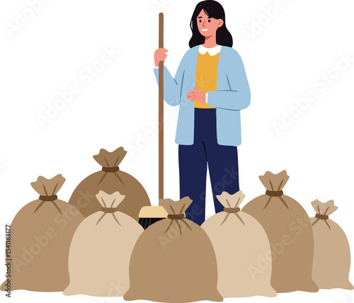 Woman standing with broom surrounded by multiple full garbage bags in cleaning scene vector illustration 