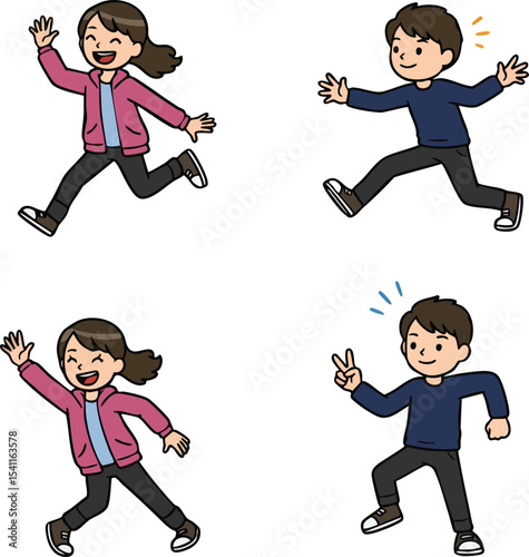 Children running and playing joyful happy kids in casual clothes jumping and moving vector illustration 