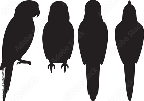 parrot silhouette icons set side, front, back, and top views vector art illustration.