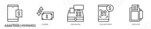 Editable Stroke Icons - Digital Bill Payment & Currency Exchange Concept  Cash Machine with Scan-to-Pay and Digital EDC Technology