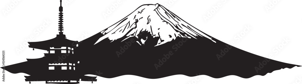 Fototapeta premium Silhouette of Mount Fuji with a pagoda, minimal lines on clean white background