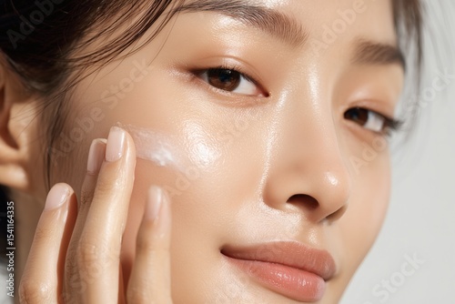 Skincare Routine: Woman applies cream to her face. Healthy, glowing skin. Perfect base for makeup, highlighting youthful, radiant complexion.