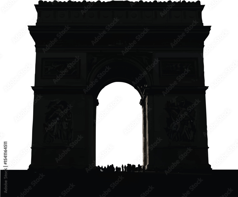 Obraz premium Silhouette of the Arc de Triomphe with archway details, white background