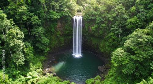 Waterfall in Green Forest Pool