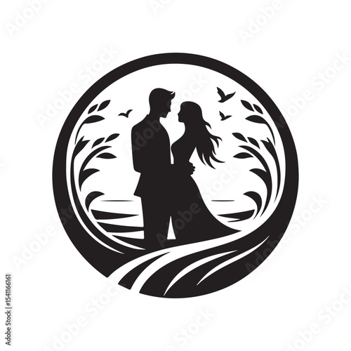couple vector silhouette clip art logo design illustration. happy wedding, marriage ceremony, anniversary.