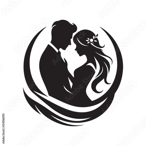 couple vector silhouette clip art logo design illustration. happy wedding, marriage ceremony, anniversary.