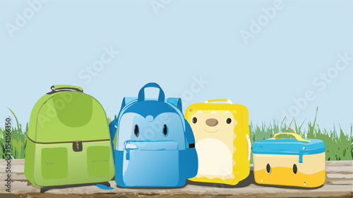 Four colorful backpacks and lunchboxes lined up on a wooden surface against a blue sky backdrop outdoors
