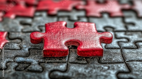 Close-up of a red jigsaw puzzle piece fitting into a black puzzle