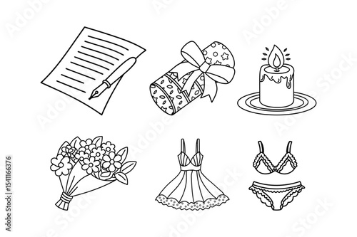 Romantic Gift Doodle Set – Love Letter, Lingerie, Flowers And Candle Clipart