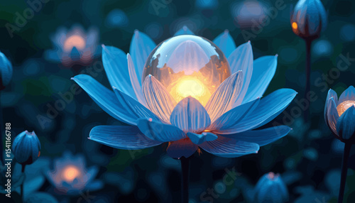 A glowing lotus flower with a crystal ball in its center, surrounded by other illuminated lotus blossoms in a dark setting.