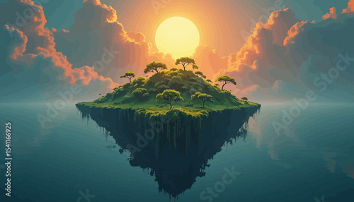 A lush, green island floats serenely on calm water, reflecting the island and a bright, warm sun.