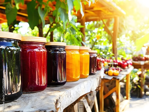 Entrepreneur promoting homemade jam at farmer’s market, colorful jars lined up on rustic table