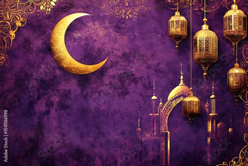 Golden moon shines brightly near a purple background with hanging lanterns and mosque imagery