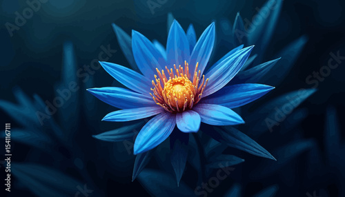 A vibrant blue lotus flower with a golden center, surrounded by dark green leaves, stands out against a dark background.