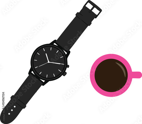 Black wristwatch and pink coffee cup top view simple vector illustration for daily lifestyle accessories 