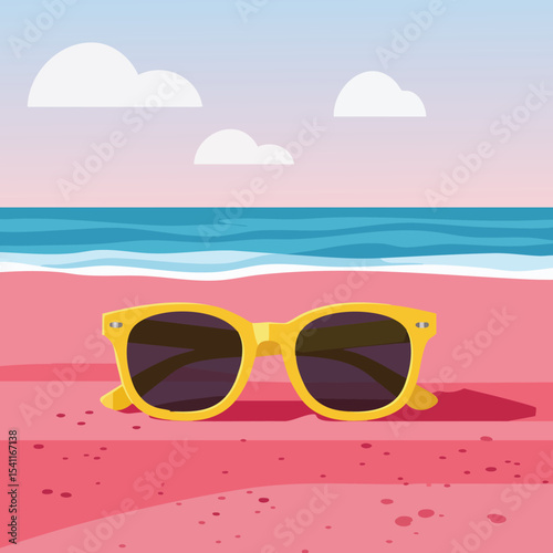 Yellow sunglasses on pink sandy beach with blue sea and sky vector illustration summer vacation scene 