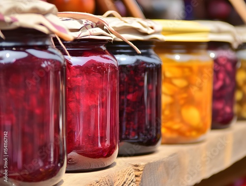 Entrepreneur promoting homemade jam at farmer’s market, colorful jars lined up on rustic table