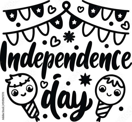 Black and white independence day design features festive graphics and celebratory text celebrating the 4th of july
