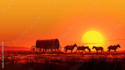 Silhouette of a covered wagon train at sunset.