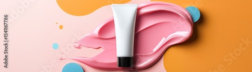 A soothing skincare gel flowing out of its tube, captured midmotion, against a pastel background