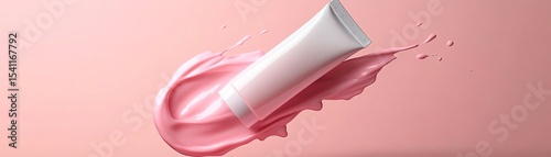 A soothing skincare gel flowing out of its tube, captured midmotion, against a pastel background