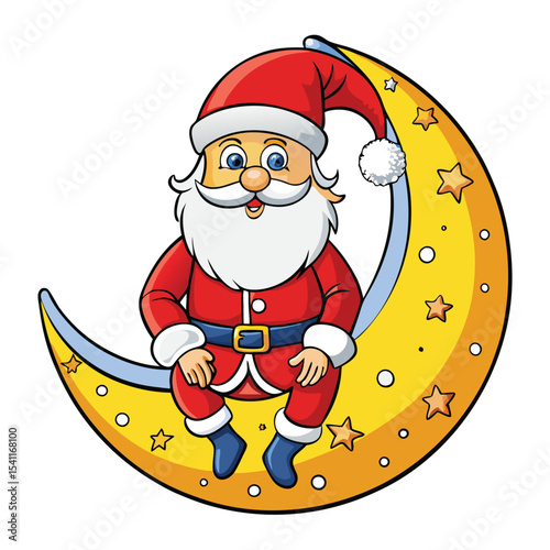 Santa claus sitting on a crescent moon cartoon illustration