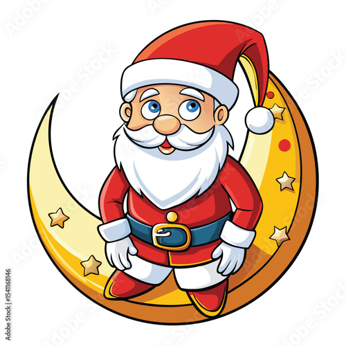Cartoon santa claus sitting on a crescent moon with stars