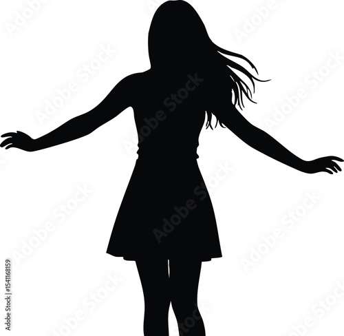Female silhouette dancing with long hair and dress vector illustration in black and white style 