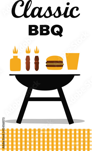 Classic bbq illustration featuring a grill with food and beverage items perfect for summer cookouts and outdoor gatherings