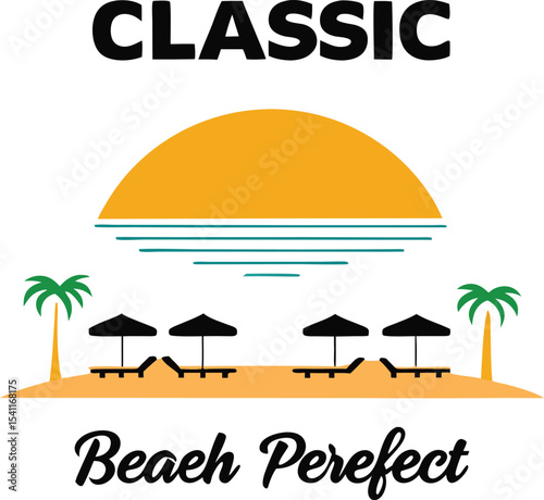 Classic beach scene with sun loungers palm trees and setting sun depicting a perfect relaxing summer day