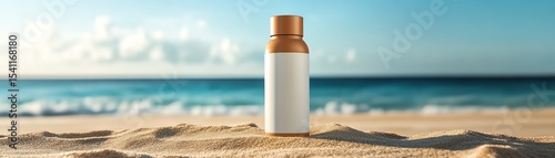 An SPF sunscreen bottle in a beach setting with sand and sea waves in the background
