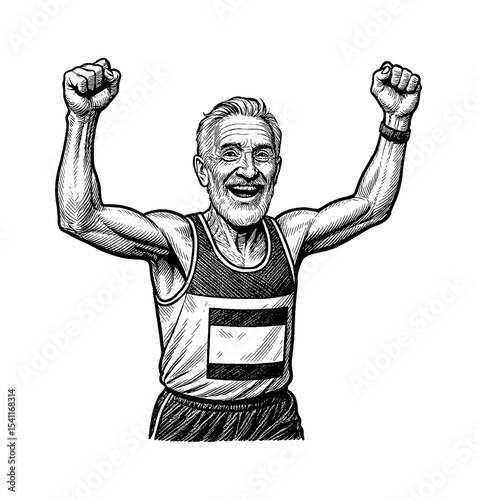 Happy Elderly Man Celebrating Victory Raising Fists Up in Engrave Style Black and White