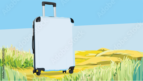 Upright white suitcase with black handle and wheels standing on grass against a blue sky backdrop