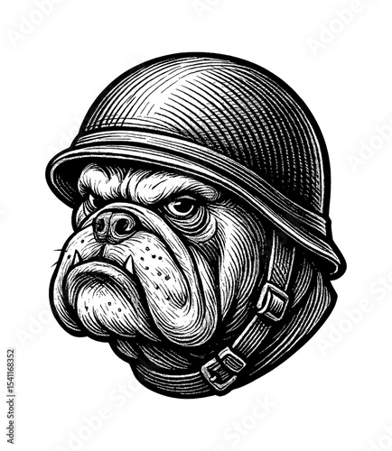 Engraved Illustration of a Bulldog Wearing a Military Helmet with Serious Expression