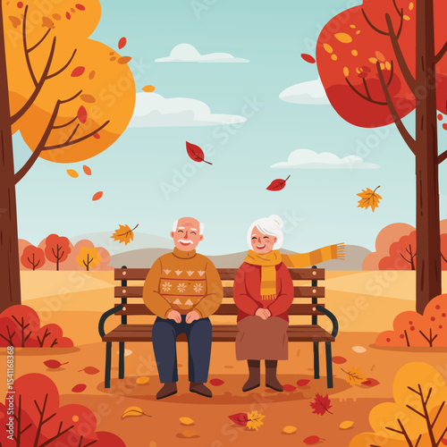 Elderly couple sitting on bench in autumn park with colorful orange and red trees seasonal landscape vector illustration 