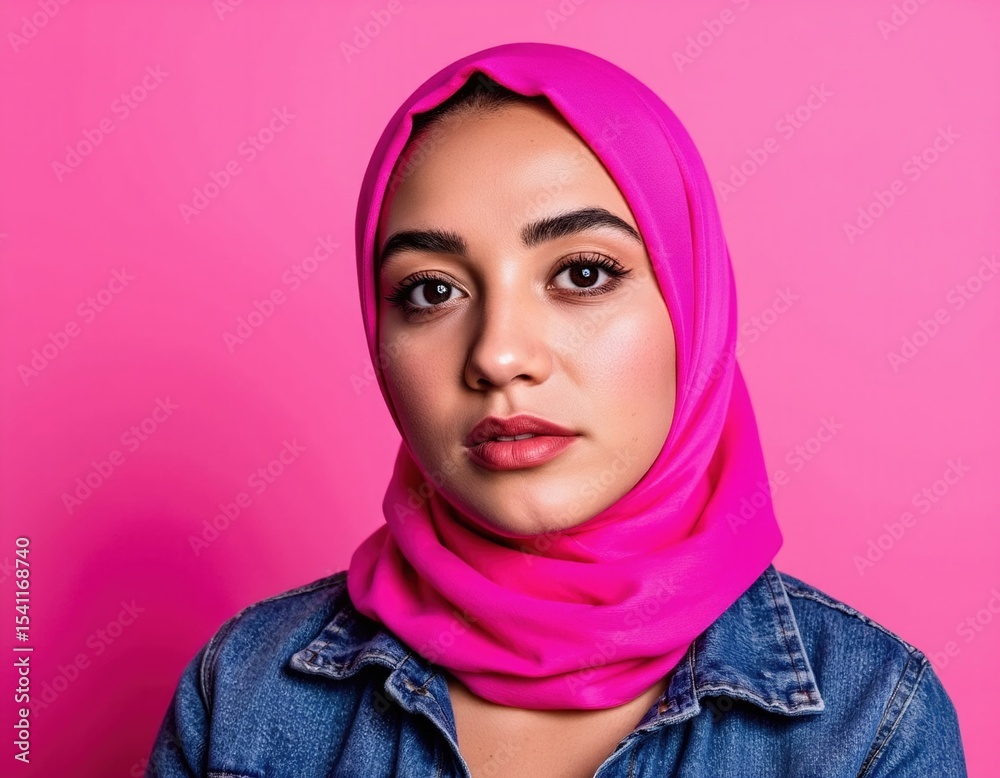 Young Woman in Pink Hijab Smiling Against Bright Pink Background Young Woman in Pink Hijab Smiling Against Bright Pink Background