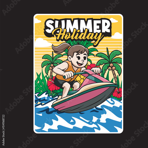 Vector Illustration of Girl Riding Jetski with Retro Cartoon Available for Poster