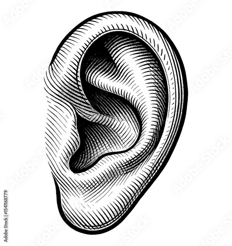 Detailed Engraved Illustration of a Human Ear in Black and White