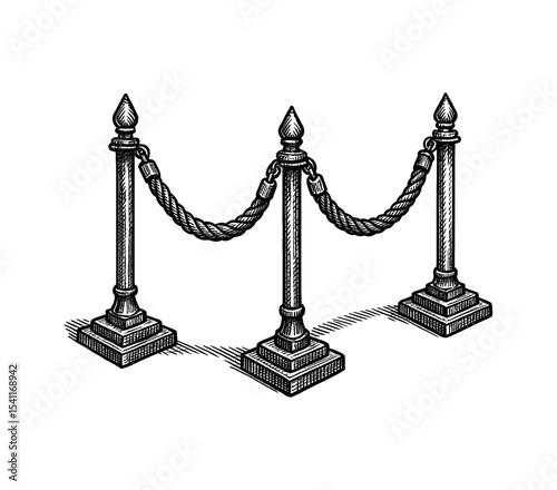 Rope Barrier Engraved Illustration with Post and Chain for Crowd Control Safety Symbol Design