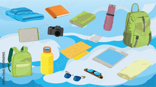 Illustration showing travel essentials scattered on a blue and white patterned surface design background