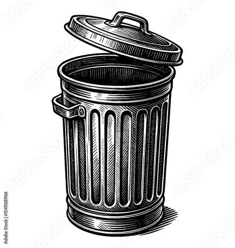 Detailed Black and White Engraving of an Open Metal Trash Can with Lid