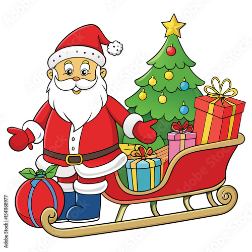 Santa claus with christmas tree and gifts in a red sleigh