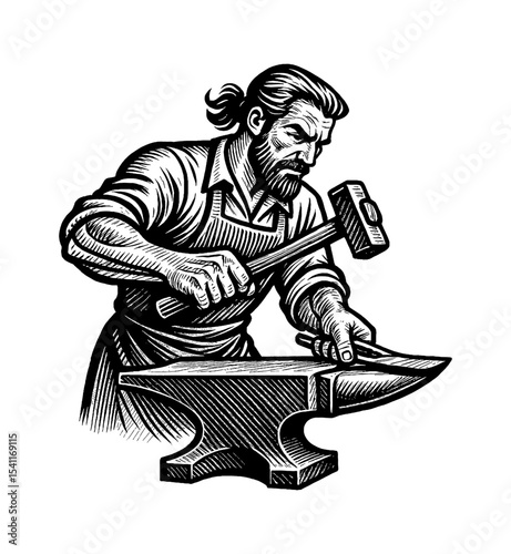 Engraved Illustration of Blacksmith Hammering Metal on Anvil with Concentrated Expression