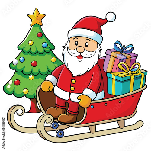 Santa in sleigh with christmas tree and presents cartoon