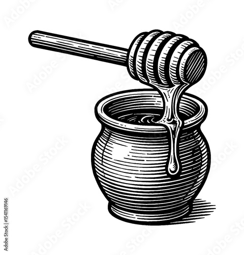Honey Pot with Honey Dipper and Dripping Honey Detailed Black and White Line Art Drawing