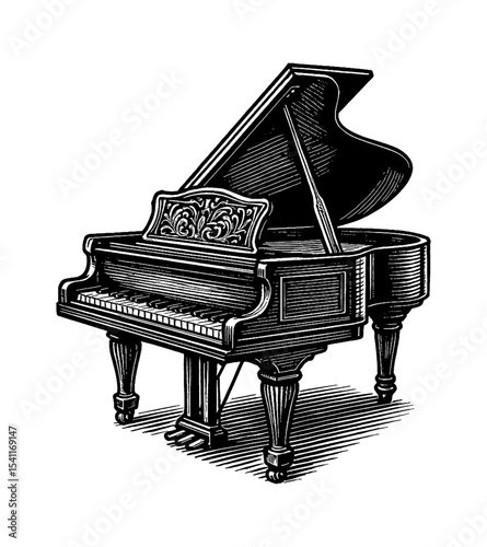 Grand Piano Illustration with Open Lid, Black and White Woodcut Style