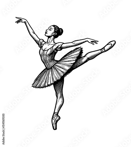 Elegant Ballerina in Classic Pose Black and White Detailed Engraving Style Dance and Performance