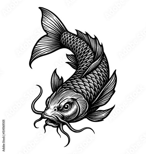 Koi Fish Swimming Upward in Detailed Black and White Engraving Style Vector Illustration