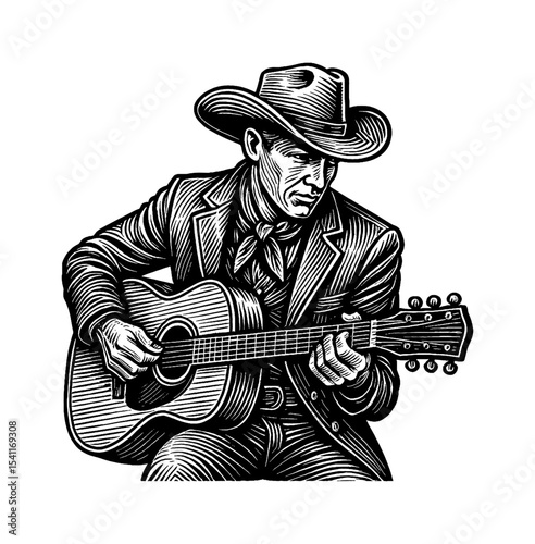 Man Playing Acoustic Guitar Wearing Cowboy Hat in Detailed Black and White Engraving